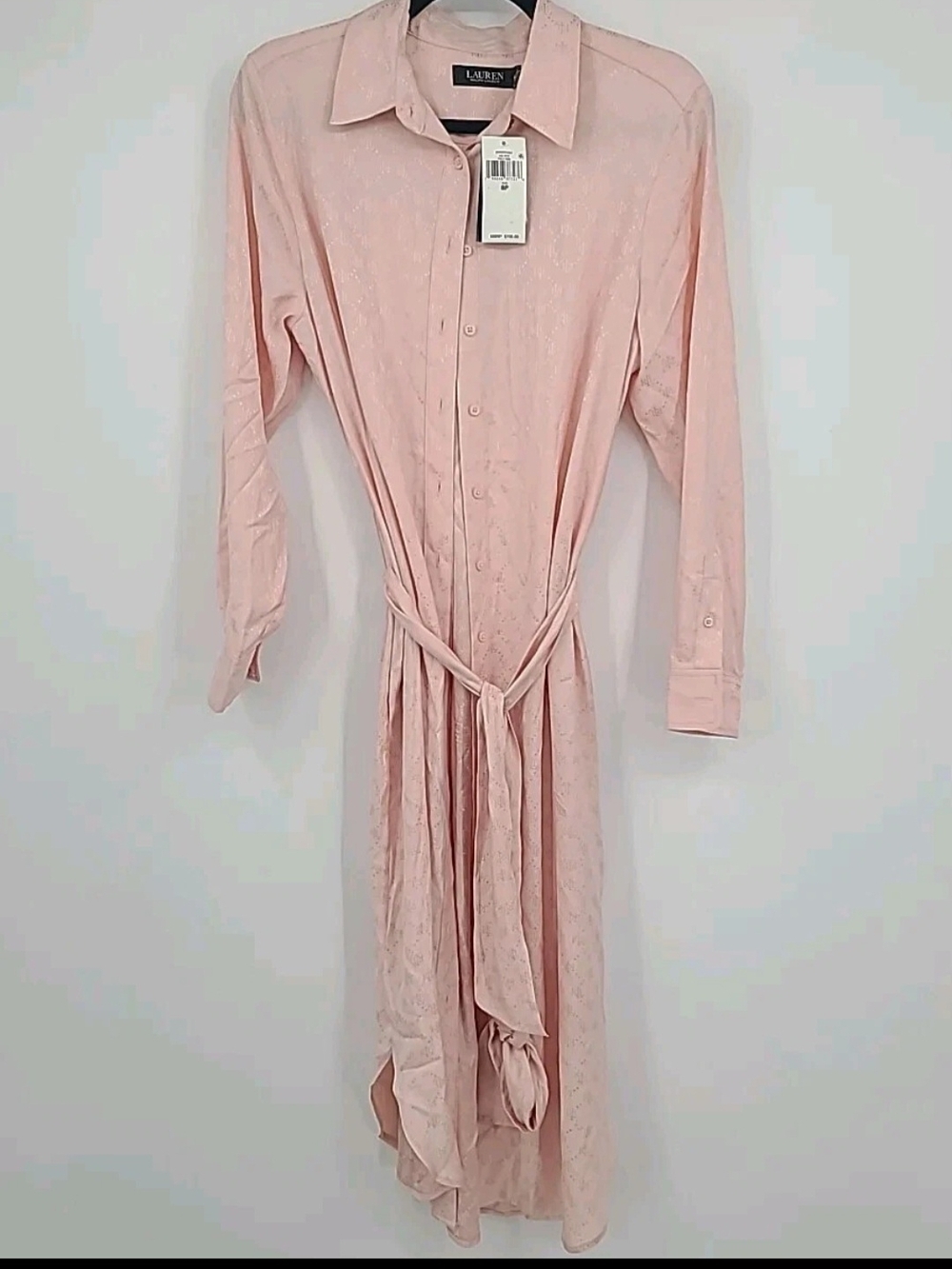 Lauren Ralph Lauren Blush Pink Long-Sleeve Shirt Dress with Tie Waist